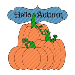 Puede incluir: Ilustración de calabazas naranjas con tallos verdes y el texto "Hello Autumn" en una pancarta azul. Las calabazas tienen rayas diagonales naranjas. Un diseño simple y festivo para el otoño.