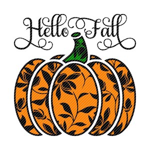 Puede incluir: Un diseño digital que presenta una calabaza con un patrón floral y el texto "Hello Fall".