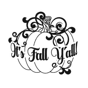Puede incluir: Diseño gráfico en blanco y negro de una calabaza con el texto "It's Fall Y'all!" La calabaza tiene un diseño decorativo de espiral.