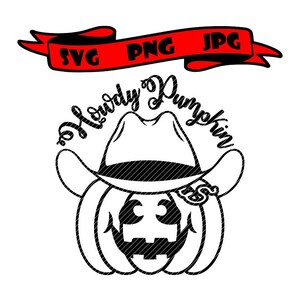 Puede incluir: Ilustración en blanco y negro de una calabaza con un sombrero de vaquero con el texto "Howdy Pumpkin" alrededor.