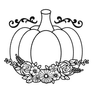 Puede incluir: Ilustración en blanco y negro de línea de arte de una calabaza con una corona de flores alrededor de la parte inferior. La calabaza tiene un tallo y un diseño de espiral en la parte superior. La corona está hecha de rosas, hojas y otras flores.