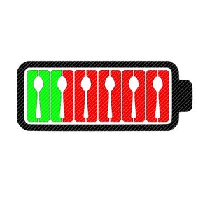 Op de afbeelding: Een zwart batterijpictogram met een groene en rode voortgangsbalk. De balk is gevuld met zes lepels, twee groene en vier rode.