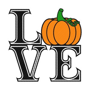 Puede incluir: Gráfico en blanco y negro de la palabra "LOVE" con una calabaza naranja sentada encima de la letra "E".