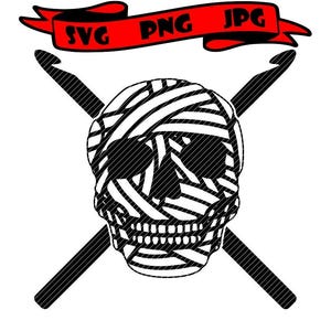 May include: Black and white graphic of a skull wrapped in yarn, with two crossed crochet hooks. A red banner at the top displays "SVG PNG JPG". The skull design is detailed with diagonal lines, creating a textured effect.