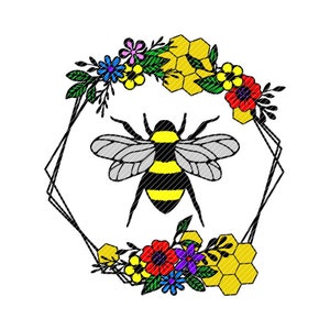 May include: A yellow and black bee with gray wings is surrounded by a hexagonal frame with a floral wreath of yellow, red, blue, and pink flowers. The wreath also includes honeycomb.