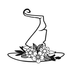 Puede incluir: Un dibujo en blanco y negro de un sombrero de bruja con un diseño floral. El sombrero tiene una corona alta y puntiaguda y un ala ancha. El ala está decorada con una fila de flores y hojas.