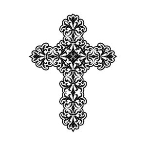 May include: A black and white ornate cross with a detailed floral design.