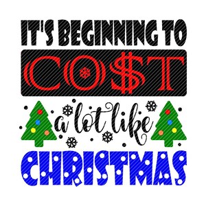 May include: It's beginning to cost a lot like Christmas. A black and red graphic with the text "It's beginning to cost a lot like Christmas" with two green Christmas trees with red, yellow, and blue ornaments.