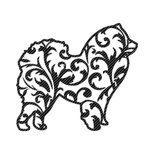 May include: Black and white silhouette of a dog with a floral pattern. The dog is standing on all four legs with its head turned to the side.