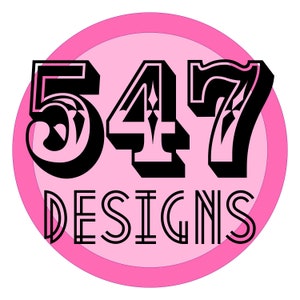May include: A pink circle with a double pink outline features the text "547 DESIGNS" in a bold black font.
