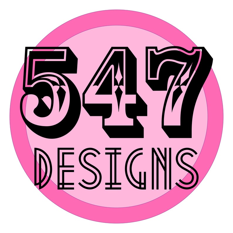May include: A pink circle with a double pink outline features the text "547 DESIGNS" in a bold black font.