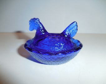Cobalt Blue  Miniature Glass Hen Nesting Basket Chicken Salt Dip Cellar