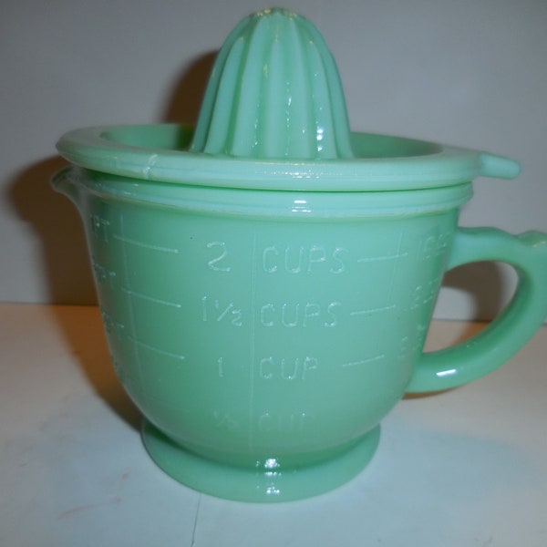 Jadeite GREEN Glass 2-Cup REAMER Measuring Mixing Cup & Juice Reamer Set "Depression Style Glass"