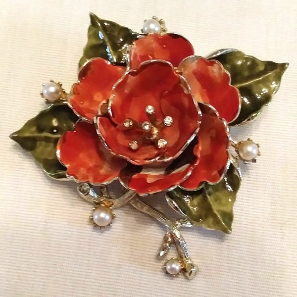 Vintage Enamel CORO Red Rose Brooch with Rhinestones and Faux Pearls