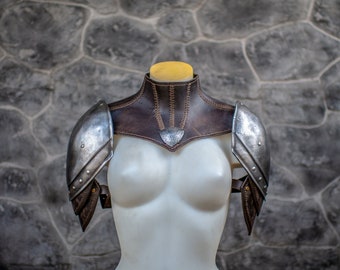 Steel Pauldrons with Leather Gorget Exiled Princess Medieval Costume - Cosplay - LARP - Renaissance fair