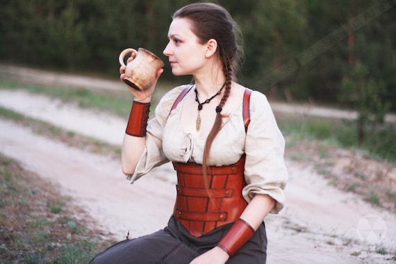 Leather Corset Set Corset, Leather Cuffs Handmade Medieval Dress