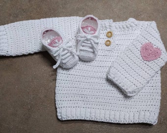 Gehaakte katoenen trui en slofjes voor pasgeborenen, babyset, geboortecadeau-idee, babyshower, handgemaakt cadeau-idee voor pasgeborenen