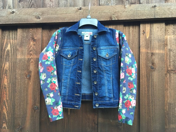 Hybrid Denim Jacket Floral Sleeves Jean Jacket Denim Vest | Etsy