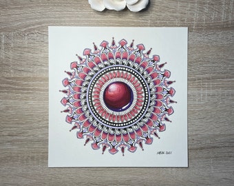 Mandala de pedras preciosas original | Desenhado à mão | 9x9 | Caneta e tinta