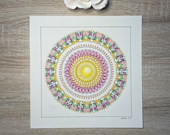 Mandala original « Springtime » | Art mural dessiné à la main 10 x 10 stylo et encre