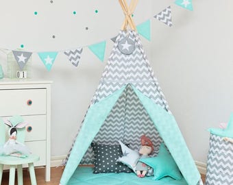 Teepee set with floor mat and pillows – Fresh Mint