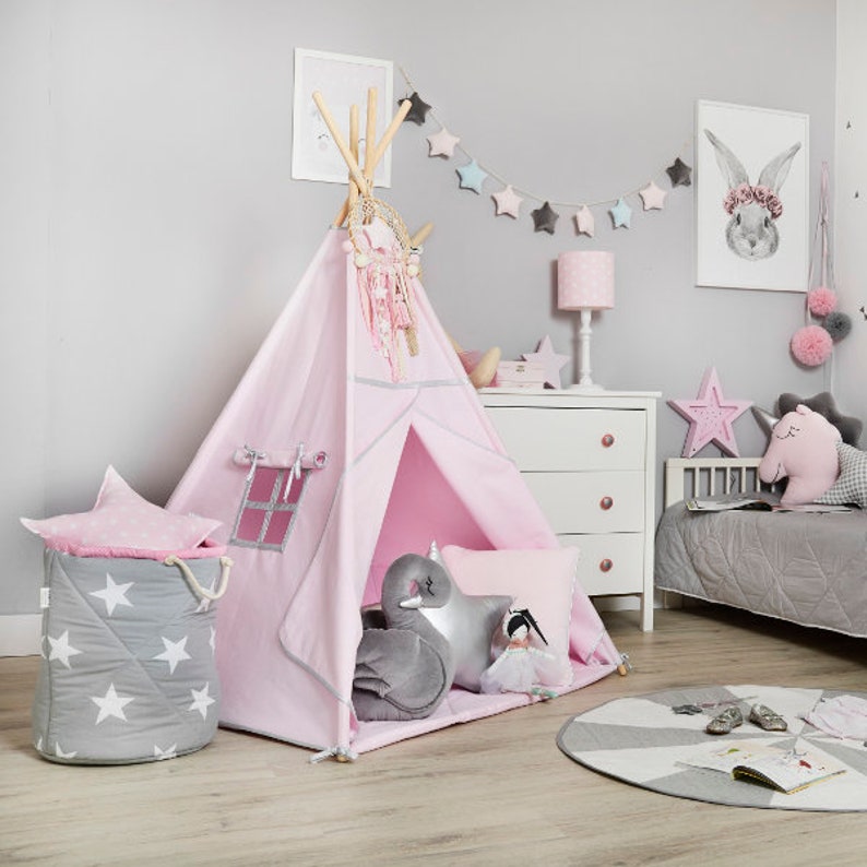 Teepee set with floor mat and pillows \u2013 Silver Pink