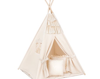 Teepee set with floor mat and pillows – Frilly Muslin Ecru