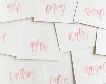 Handwritten Tented Place Cards (White Cardstock with Watercolor Lettering) // Modern Calligraphy Wedding Seating Cards, Handmade Table Cards