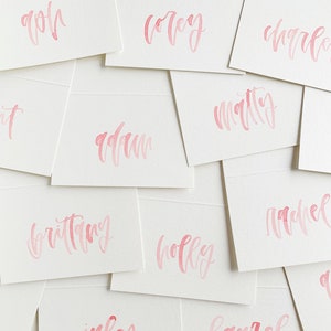 Handwritten Tented Place Cards (White Cardstock with Watercolor Lettering) // Modern Calligraphy Wedding Seating Cards, Handmade Table Cards