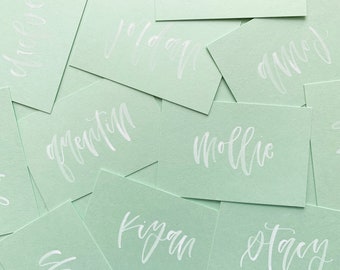 Handwritten Flat Place Cards (Mint Cardstock with White Ink Lettering) // Modern Calligraphy, 2x3 Inch Place Cards, Handmade Place Cards