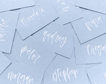 Handwritten Flat Place Cards (Bluebell Cardstock with White Ink Lettering) // Modern Calligraphy, 2x3 Inch Place Cards, Handmade Place Cards