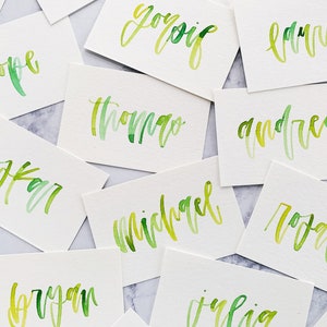 Handwritten Flat Place Cards (White Cardstock with Watercolor Lettering) // Modern Calligraphy, 2x3 Inch Place Cards, Handmade Seating Cards