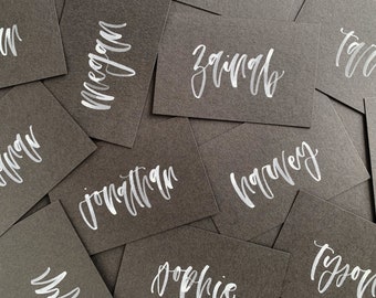 Handwritten Flat Place Cards (Charcoal Cardstock with White Ink Lettering) // Modern Calligraphy, 2x3 Inch Place Cards, Handmade Cards