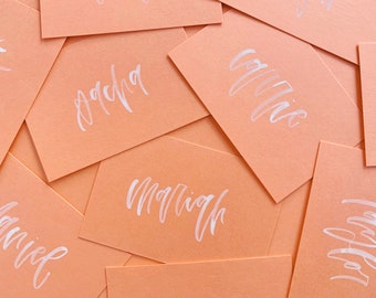 Handwritten Flat Place Cards (Coral Cardstock with White Ink Lettering) // Modern Calligraphy, 2x3 Inch Place Cards, Handmade Name Cards