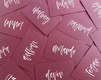 Handwritten Flat Place Cards (Dahlia Cardstock with White Ink Lettering) // Modern Calligraphy, 2x3 Inch Place Cards, Handmade Place Cards