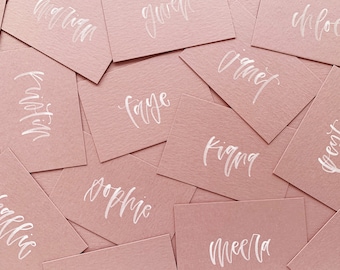 Handwritten Flat Place Cards (Rose Cardstock with White Ink Lettering) // Modern Calligraphy, 2x3 Inch Place Cards, Handmade Name Cards