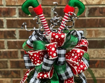 Christmas Tree Bow Topper - Red/White Polka Dot, Green, & White/Black Buffalo Plaid Ribbon + Elf Feet - assorted picks