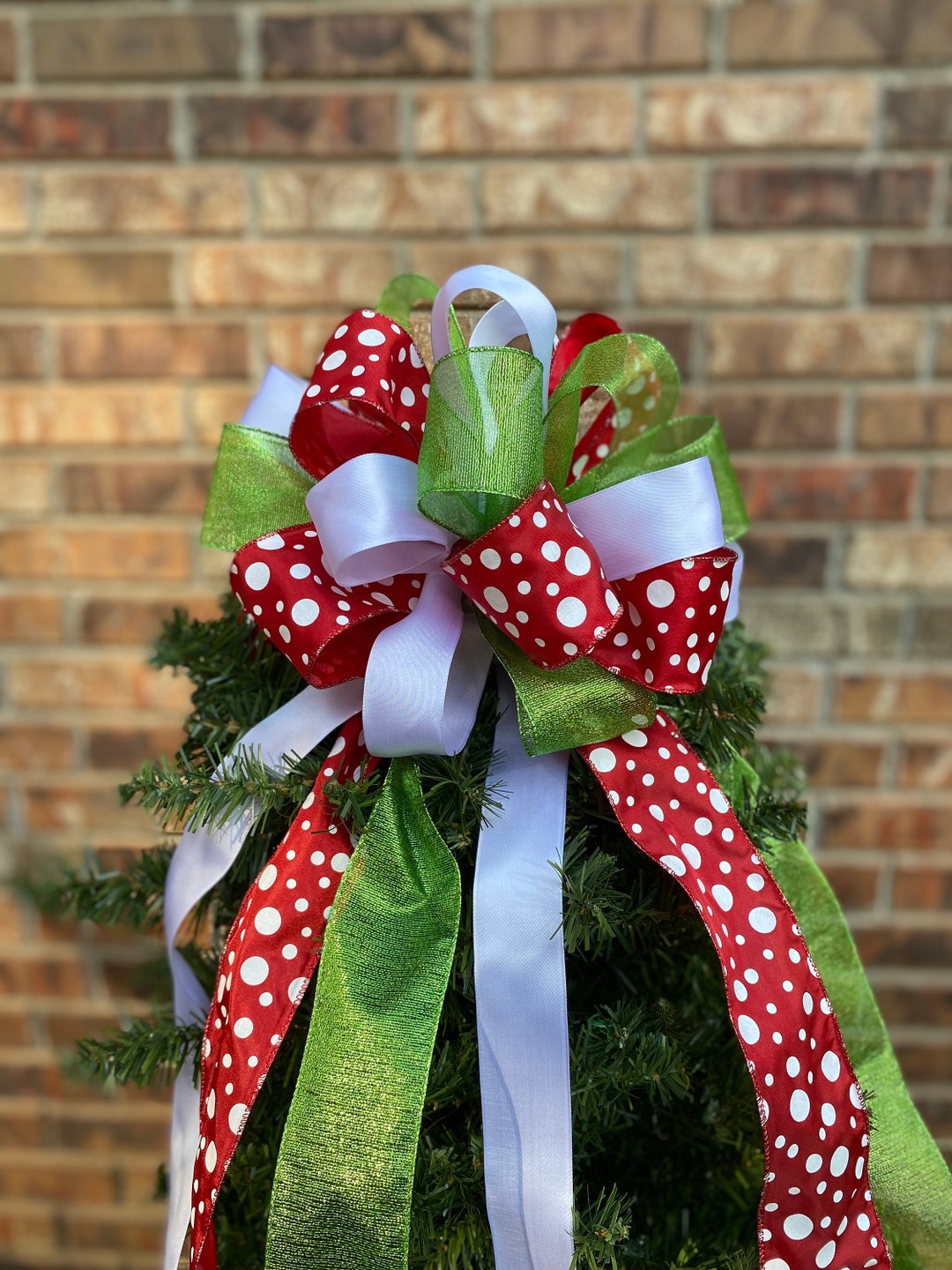 Christmas Tree Bow Topper - Red W/ White Polka Dot, Lime Green, & White ...