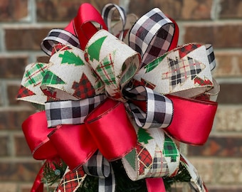 Christmas Tree Bow Topper - Large - Buffalo Plaid, Burlap Christmas Trees, & Red Ribbon