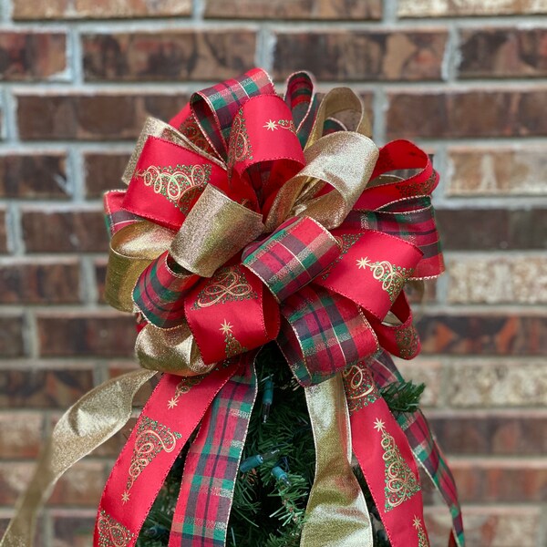Christmas Tree Bow Topper - Red Green Plaid, Gold, & Christmas Tree Ribbon