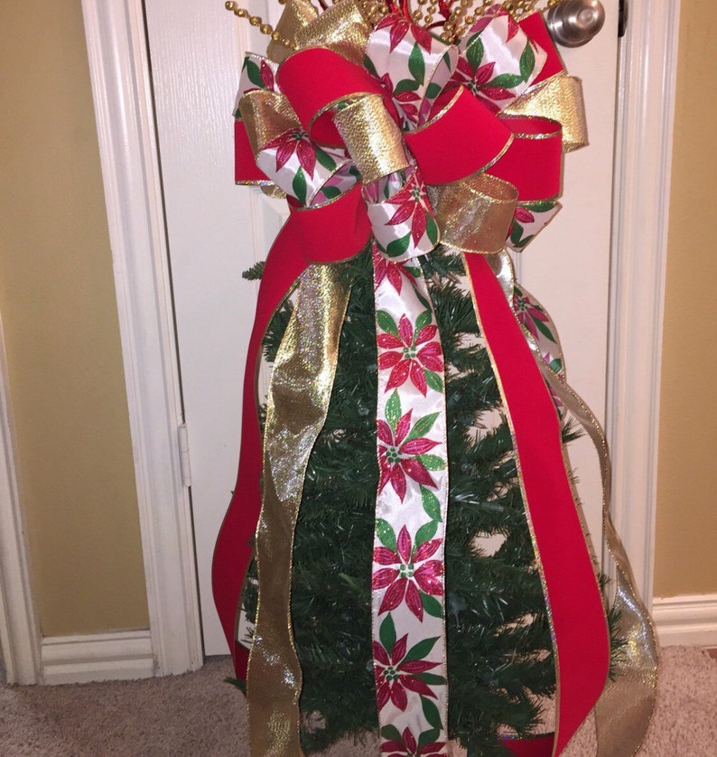 Christmas Tree Bow Topper Large gold Red & Poinsettia Etsy