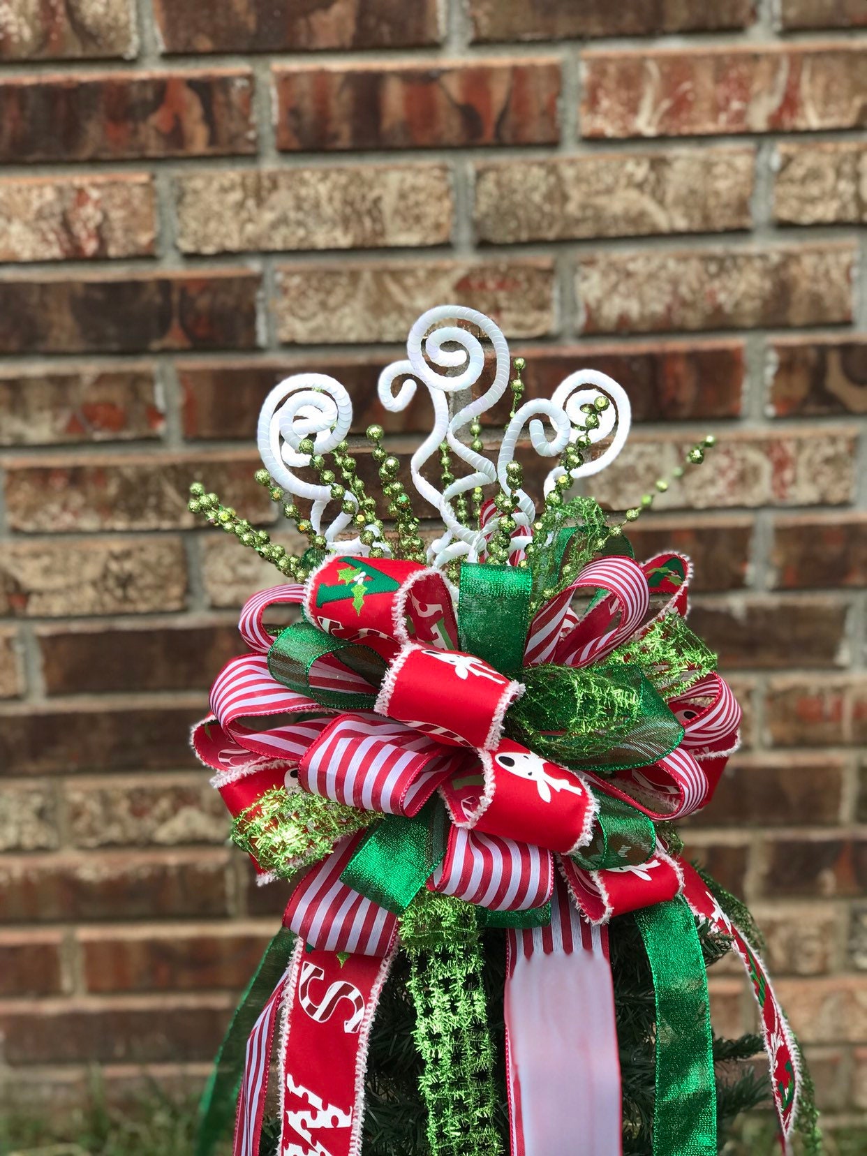 Christmas Tree Bow Topper Red/white Stripe Lime Green Etsy