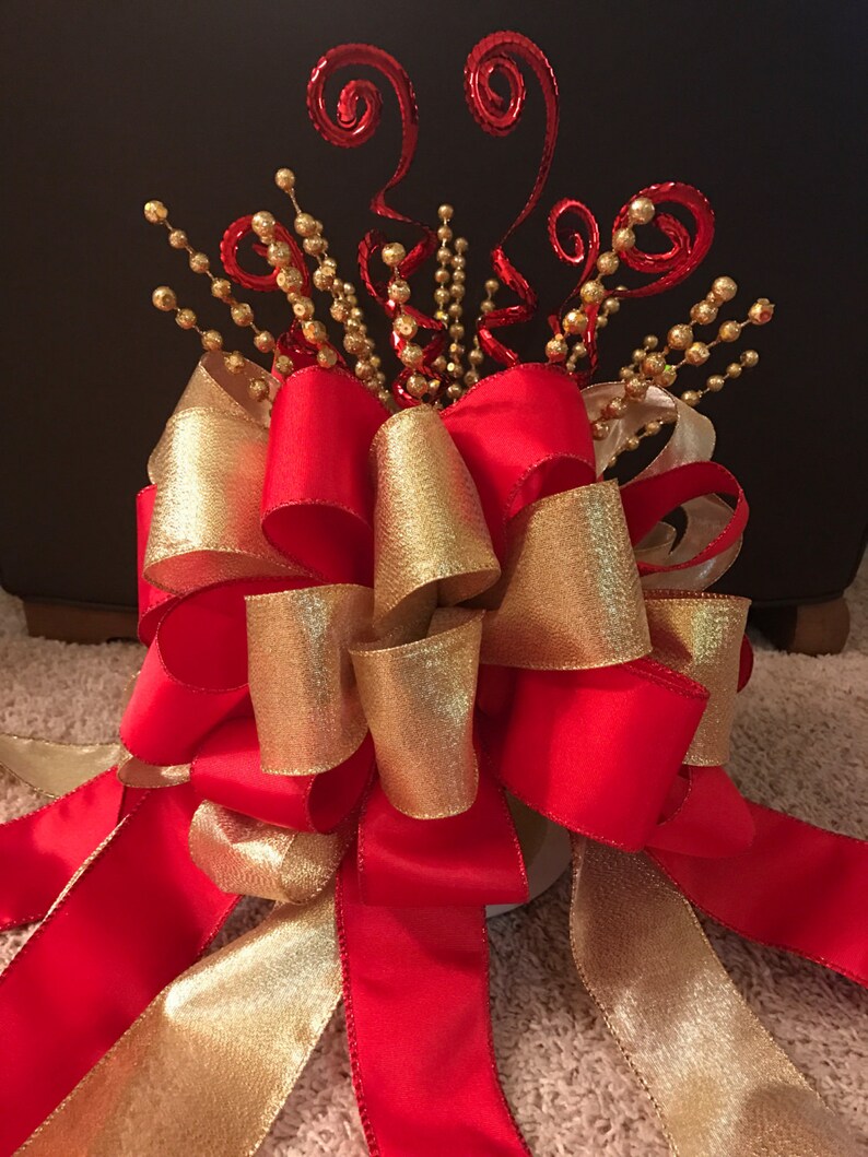 Christmas Tree Bow Topper Red & Gold Ribon w/ Assorted Picks Etsy