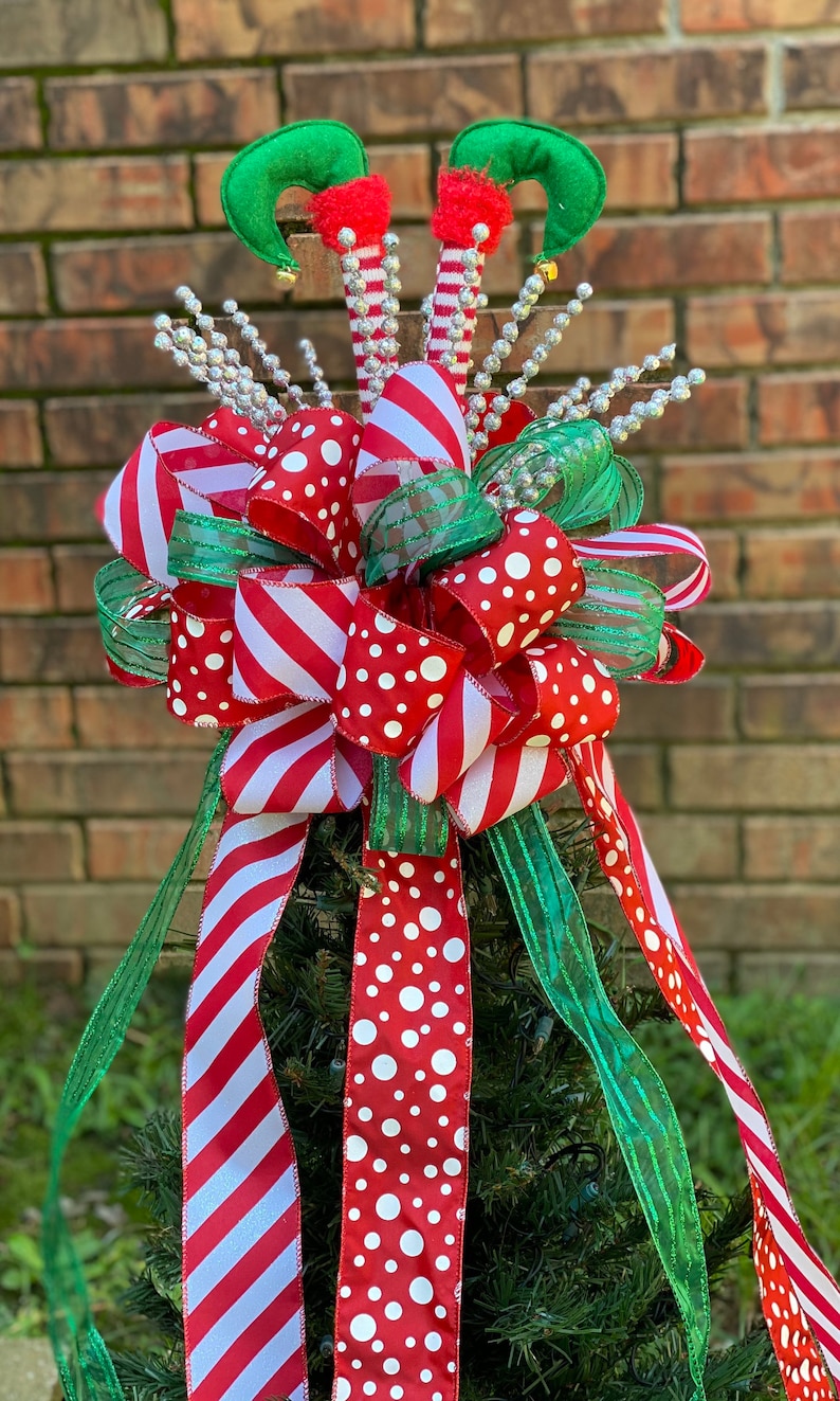 Christmas Tree Bow Topper Green, Red W/ White Polka Dot & Candy Cane