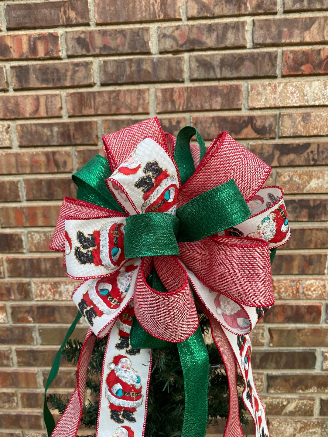 Christmas Tree Bow Topper Old School Vintage Look Santa, Red Burlap