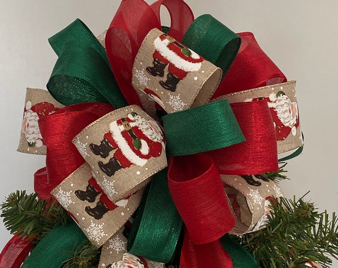 Christmas Tree Bow Topper Old School Vintage Look Santa, Red, & Green
