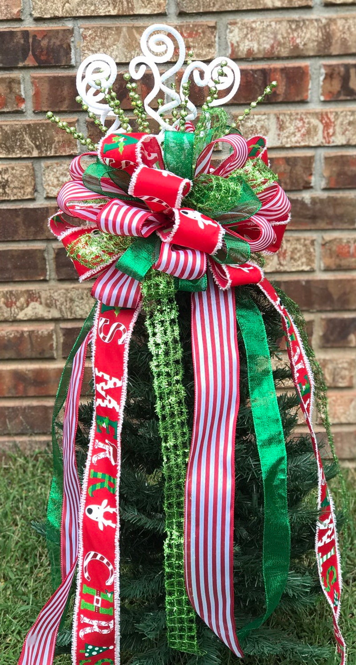 Christmas Tree Bow Topper Red/white Stripe Lime Green Etsy
