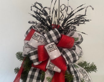Christmas Tree Bow Topper - Large - Buffalo Plaid, White/Gray Truck + Tree, & Red Ribbon + assorted picks