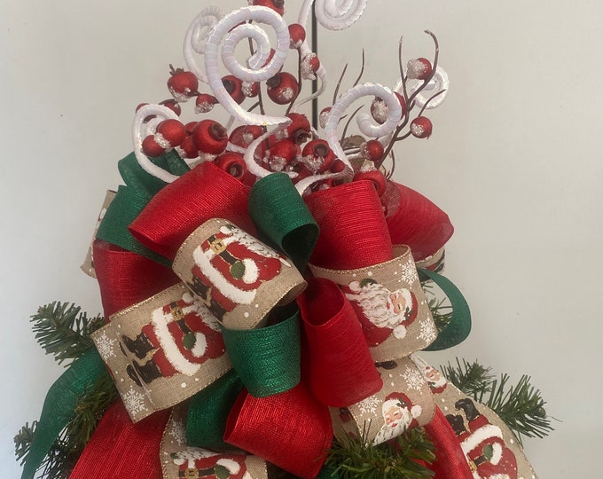 Christmas Tree Bow Topper Old School Vintage Look Santa, Red, & Green