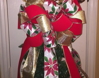 Christmas Tree Bow Topper - Large -Gold, Red, & Poinsettia Ribbon BOW ONLY - No Picks!!!